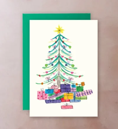 Retro Christmas card with mid-century tree design; kraft envelope
