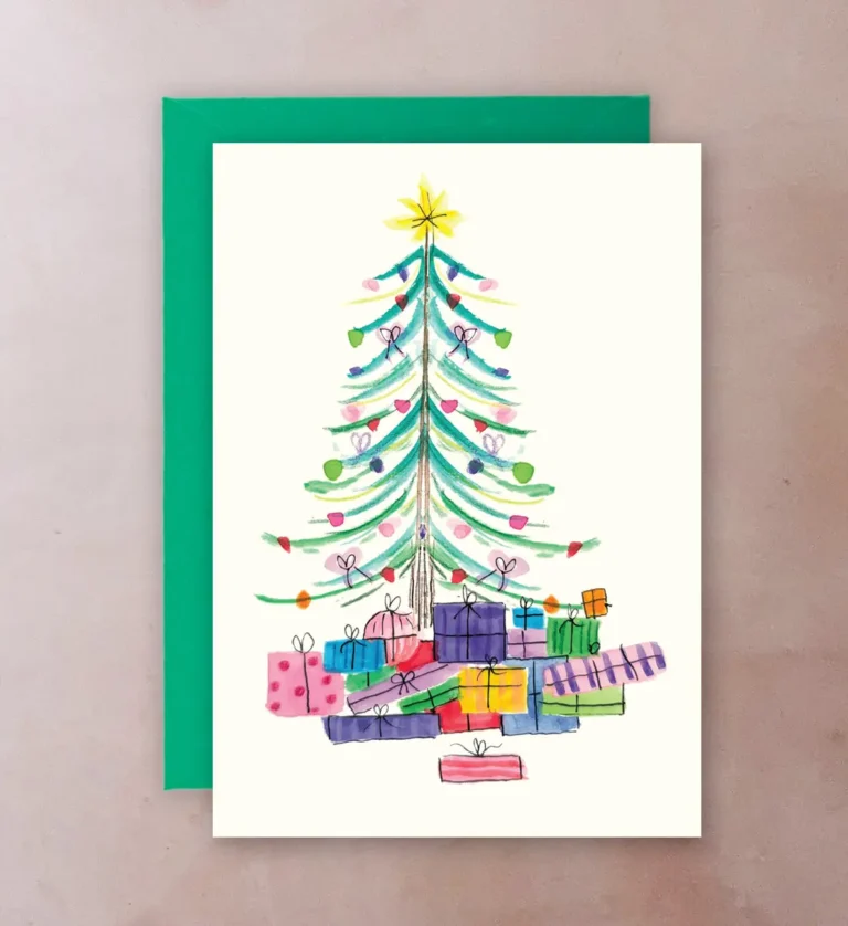 Retro Christmas card with mid-century tree design; kraft envelope
