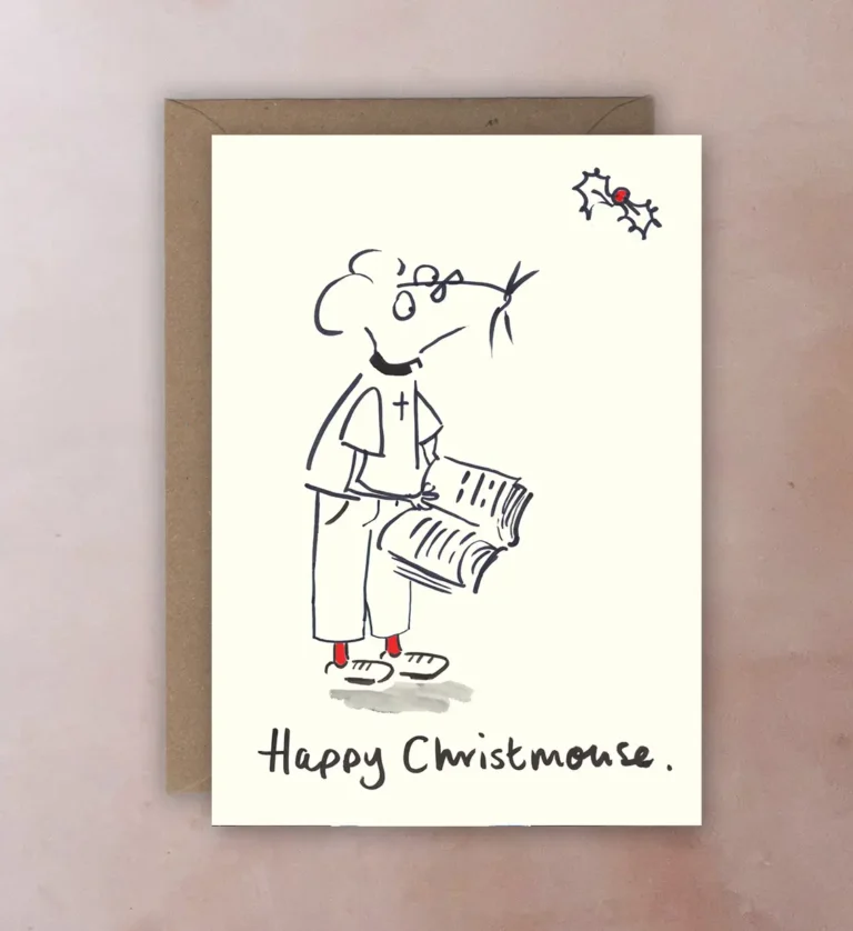 Funny Christmas card featuring mouse dressed as vicar spreading festive cheer