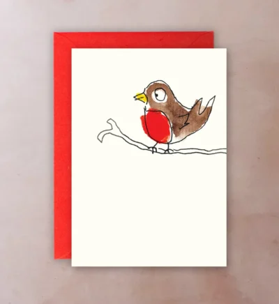 Front of card with naïve illustration of robin perched on branch; Christmas design