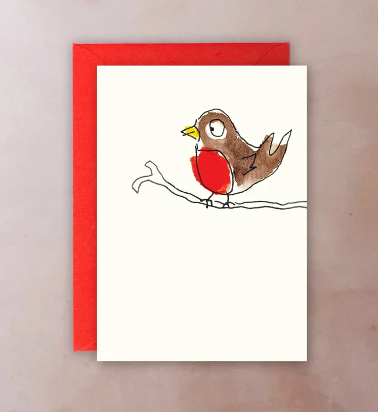 Front of card with naïve illustration of robin perched on branch; Christmas design