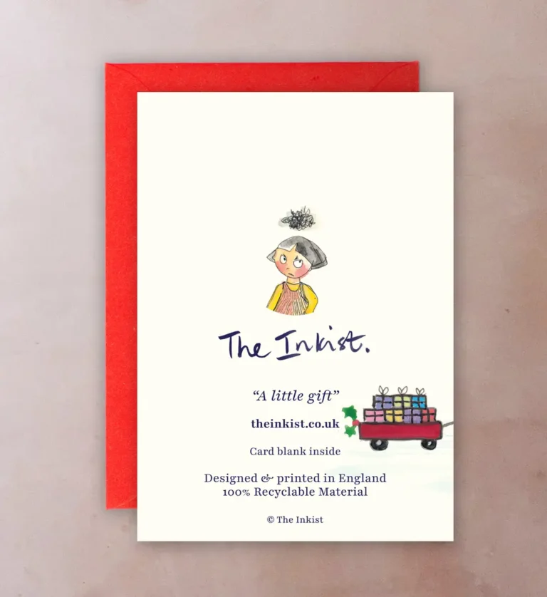 Back of Christmas card showing red trailer