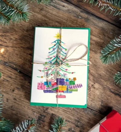 1950s style Christmas tree card with presents