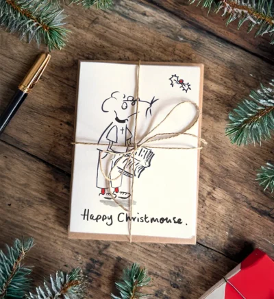 Christmas card pack of a Mouse Vicar wishing everyone a Happy Christmouse.